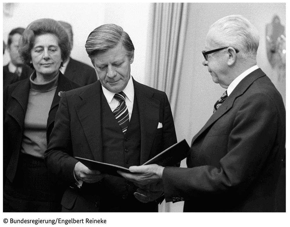 Der deutsche Bundespräsident Gustav Heinemann gibt Helmut Schmidt 1974 die Ernennungsurkunde zum deutschen Bundeskanzler. Was gehört zu den Aufgaben der deutschen Bundespräsidentin/des deutschen Bundespräsidenten?